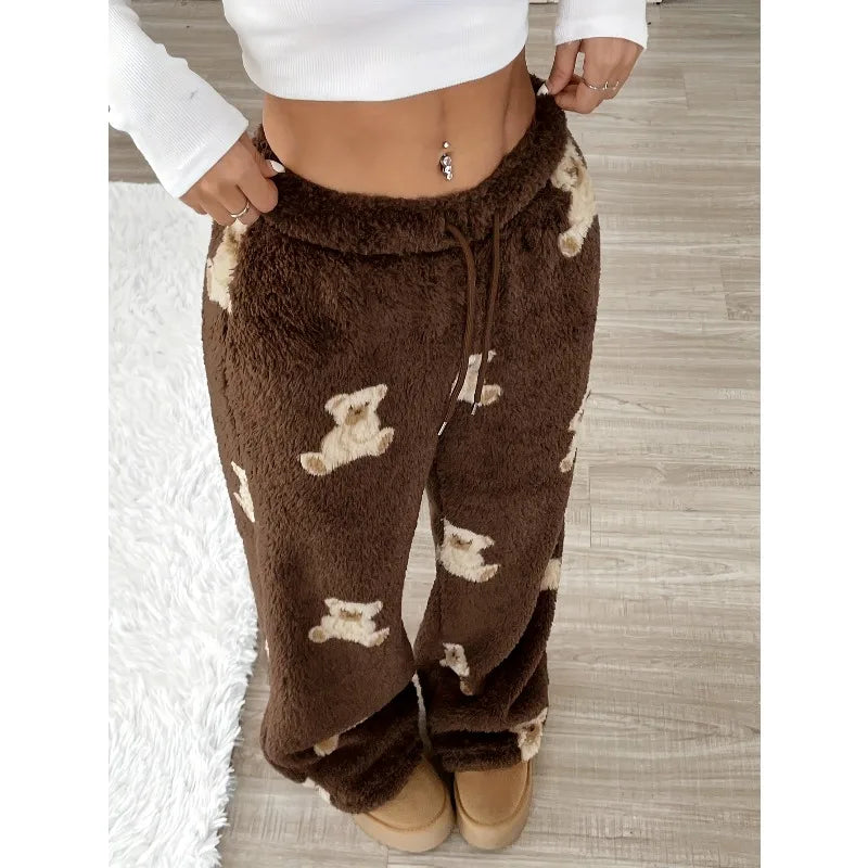 1pcs Autumn and Winter Fashionable Casual Pants, Bear Pattern Wide-leg Pants, Loose and Warm Women's Long Pants and Pajama Pants