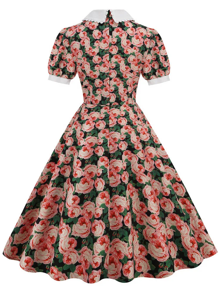 Women Vintage Dress Floral Print Peter pan Collar Elegant Party Dress Puff Short Sleeve Pin Up 50s Party Sundress 3XL