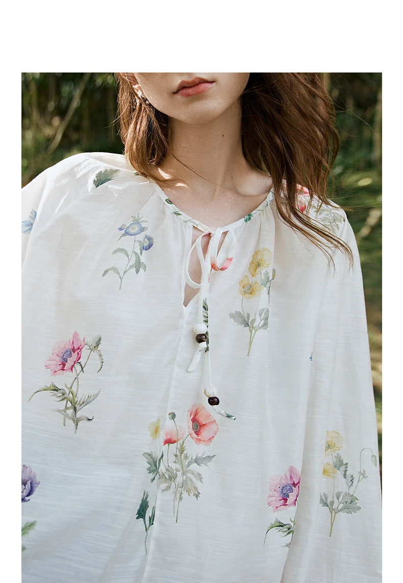 TOYOUTH Women Blouse Shirt 2025 Spring New Linen Floral Printed Velvet Casual Pullover Tops