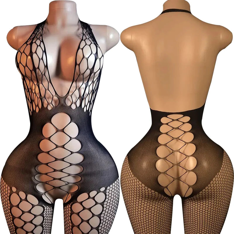 New Sexy Big Loophole Open Bras Body Suits Erotic Crotchless Lingerie Women Fishnet Hollow Dress Black Plus Size Underwear Sets