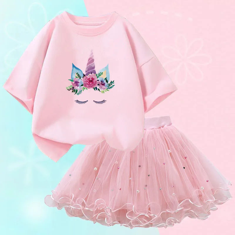 Dresses For Girl Summer Fashion Wear Outfit Kids T-Shirt Suit Unicorn Party Baby Costumes For Children Tulle Tutu Skirt Clothing