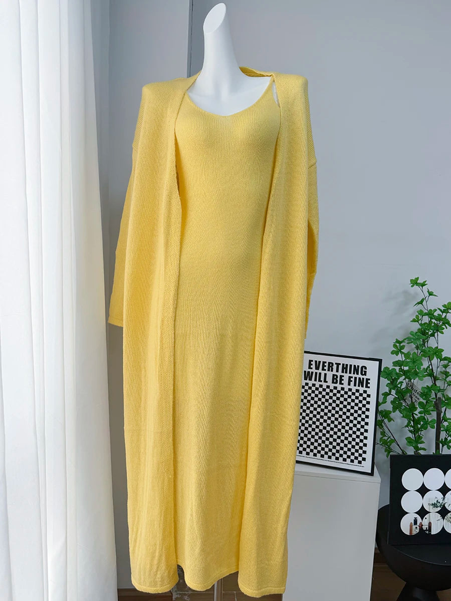 Hirsionsan Soft Loose Sets Women Three Pieces Long Sleeve Cardigan & Sexy Vest Dresses Elegant Female Hollow Outfits Tracksuit