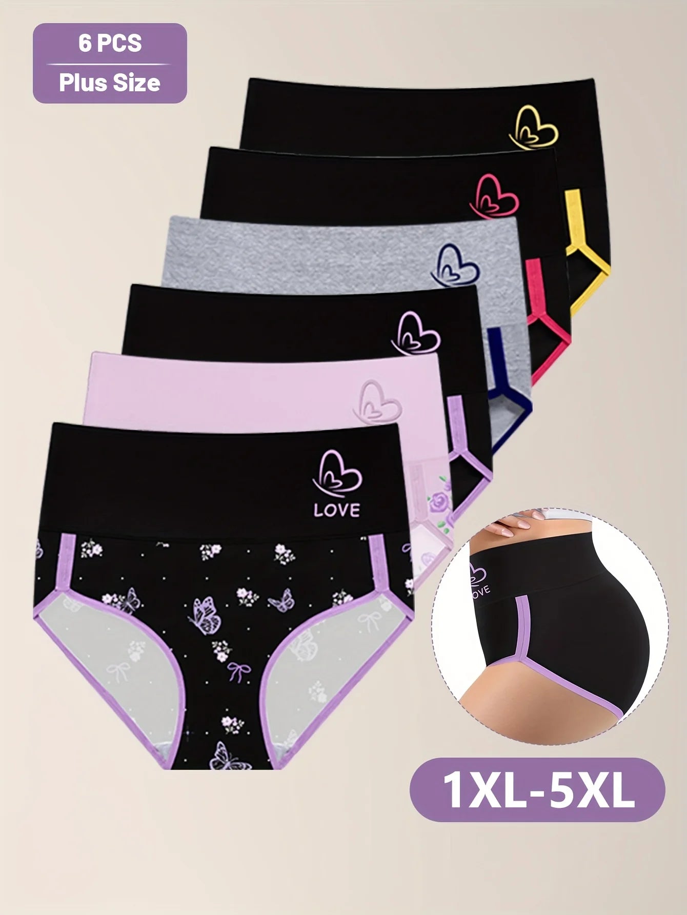 6pcs Multi-Color Combination Women'S Underwear Plus Size Plus Size Underwear Tummy Control Waist Cinching Mid-Rise Underwear 90%
