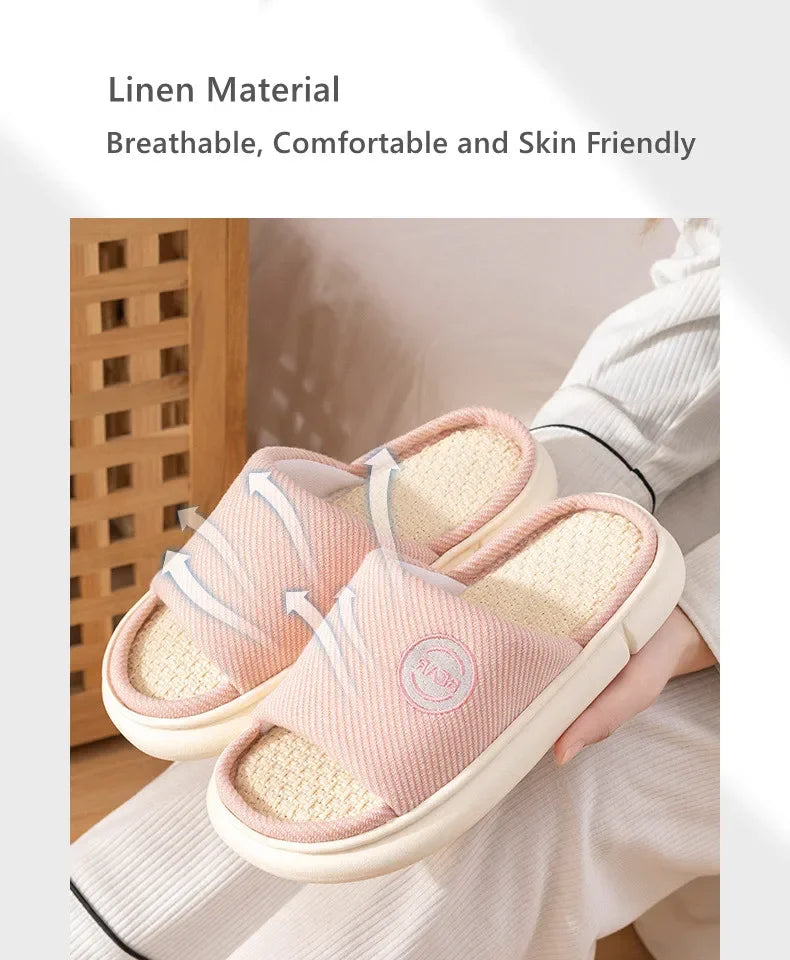Couples Home Linen Slippers Women Indoor Soft Comfortable Bedroom Slides Men Leisure Non Slip House Shoes Platform Cotton Flats
