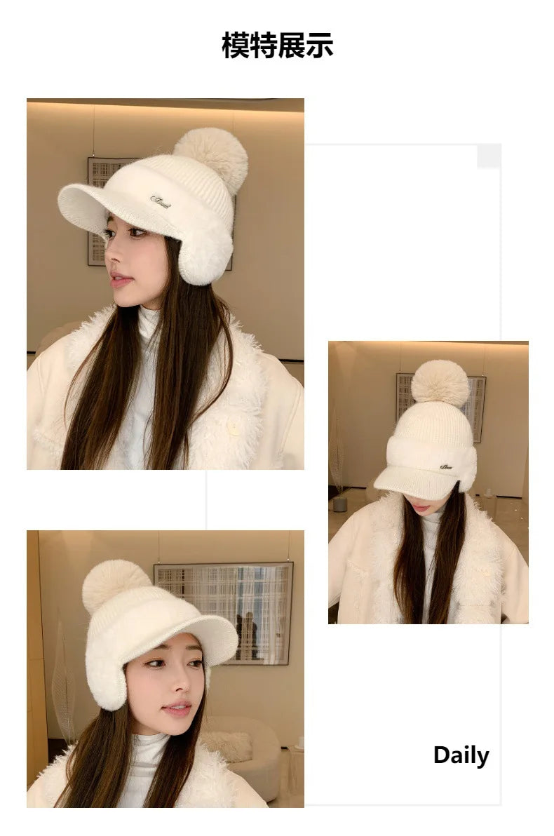 Winter Caps Patchwork Mink Fur Ear Protection Plush Hat Fashionable Solid Color Simple Wool Ball Knitted Hat For Women Cap BAZAARHUBO