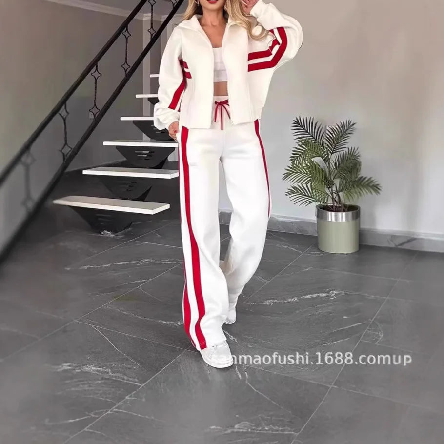 Y2K Striped Zipper Coat+sweatpants Two Piece Set Women Casual Batwing Sleeve Sports Jacket Outfits Autumn Winter Sweatshirt Suit