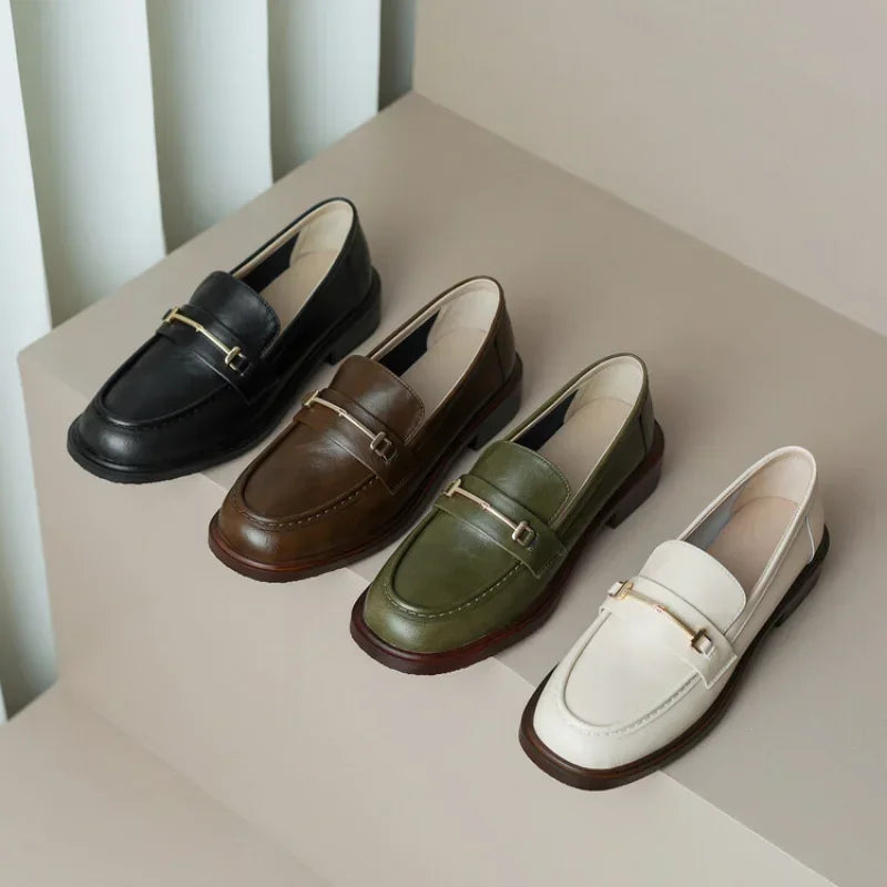 Ochanmeb Natural Leather Loafers Flat Shoes Women Brand Metal Chain Round Toe Slip-ons Flats Ladies Casual Creepers Moccasins 40