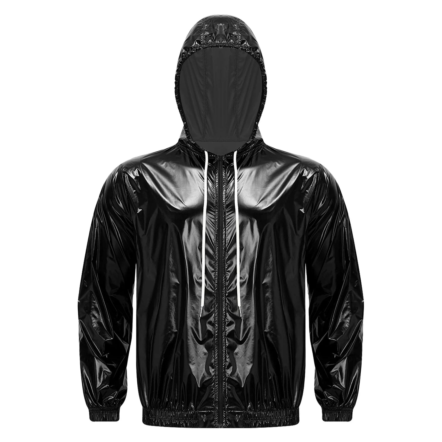 Men Shiny Glossy Hooded Jacket Windbreaker Raincoat for Hiking Fishing Biking Long Sleeve Front Zip-up Drawstring Hood Outerwear
