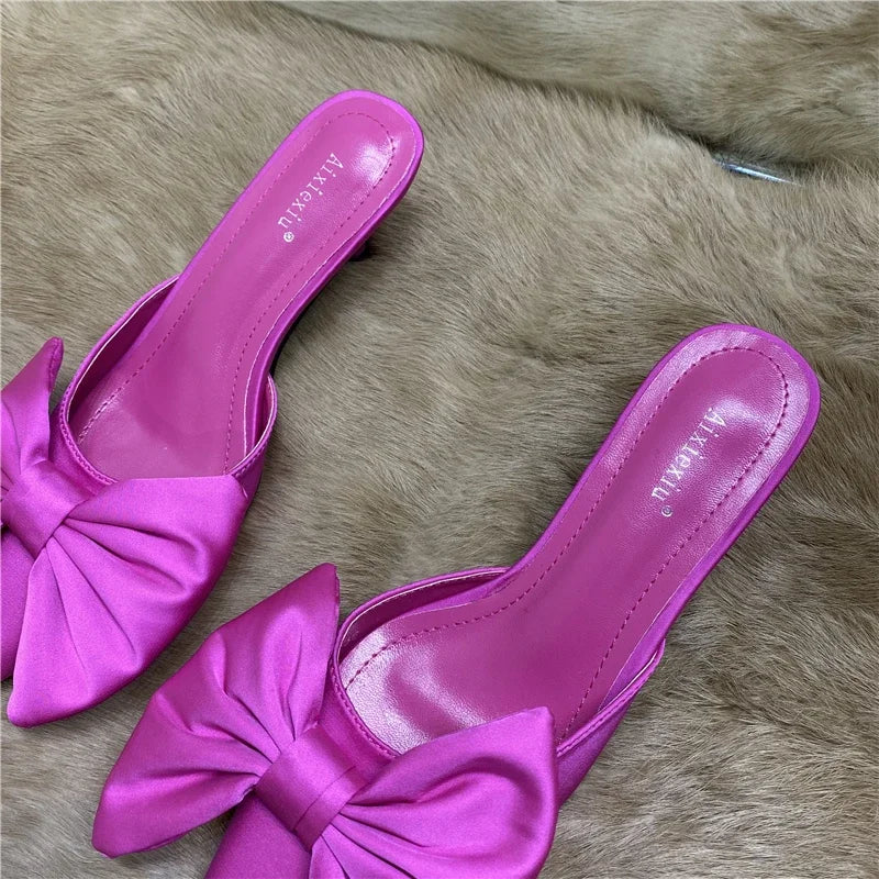 2024 Spring Pointed Toe Stiletto Heel Kitten Heels Bow Heel-Free Slippers for Women