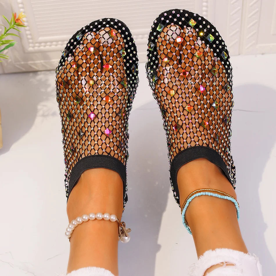 Summer Women's New Round Toe Flat Bottom Sandals Hollow Short Boots Water Diamond Sexy Flat Bottom Fashion Banquet Sandals
