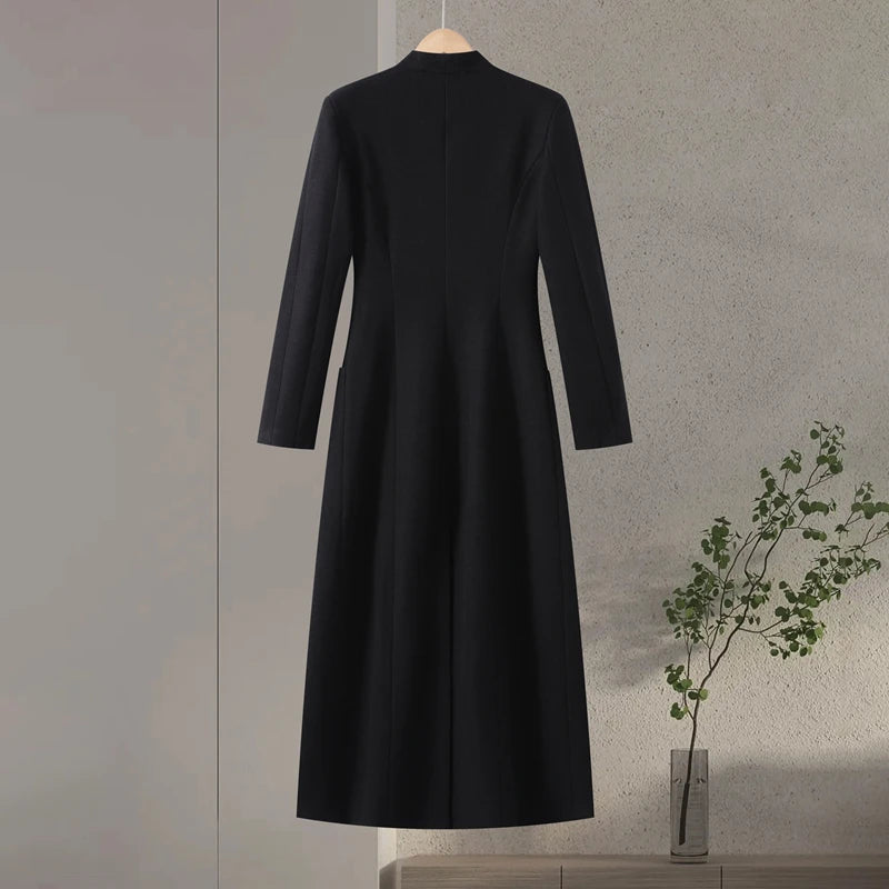 Elegant Long Coat Women V-neck Solid Slim Single-breasted Waist-closed Jackets Lady 2026 Spring Chic Female Streetwear