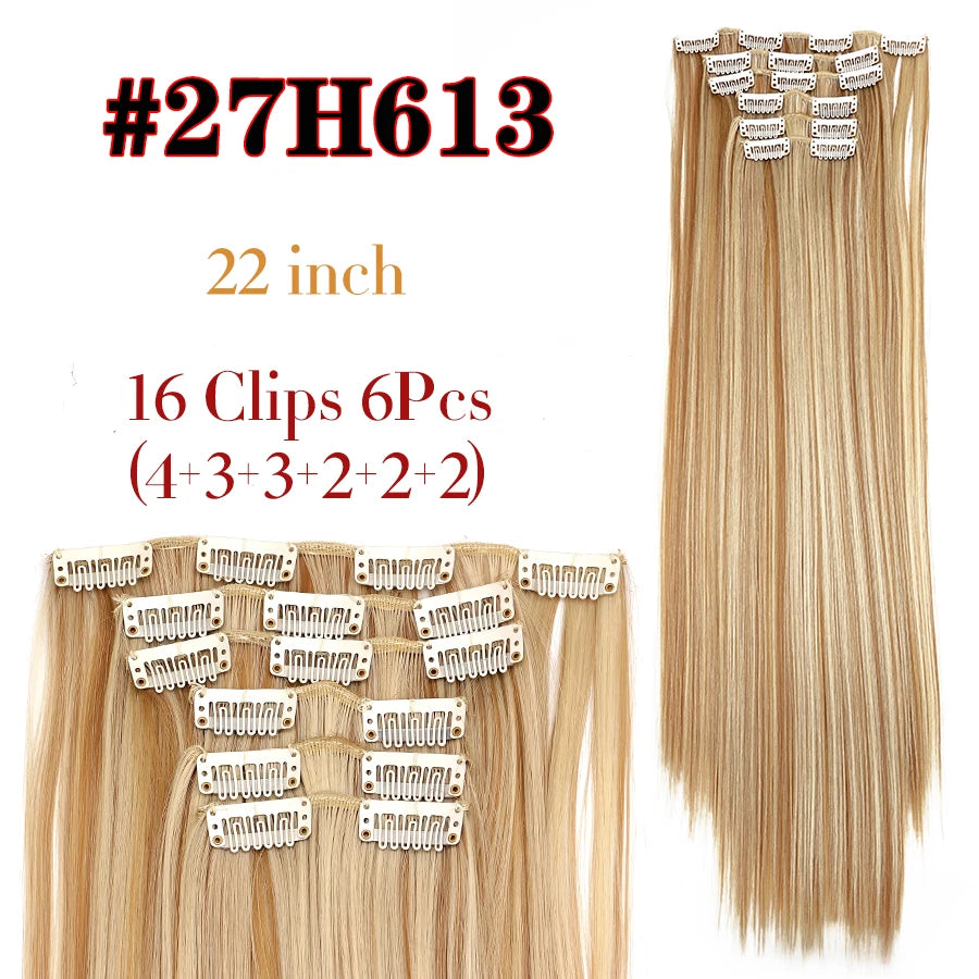 22 Inches Synthetic Long Straight Hairstyle 16 Clips 6Pcs/Set Hair Extensions Blonde Black Hairpieces Heat Resistant For Women