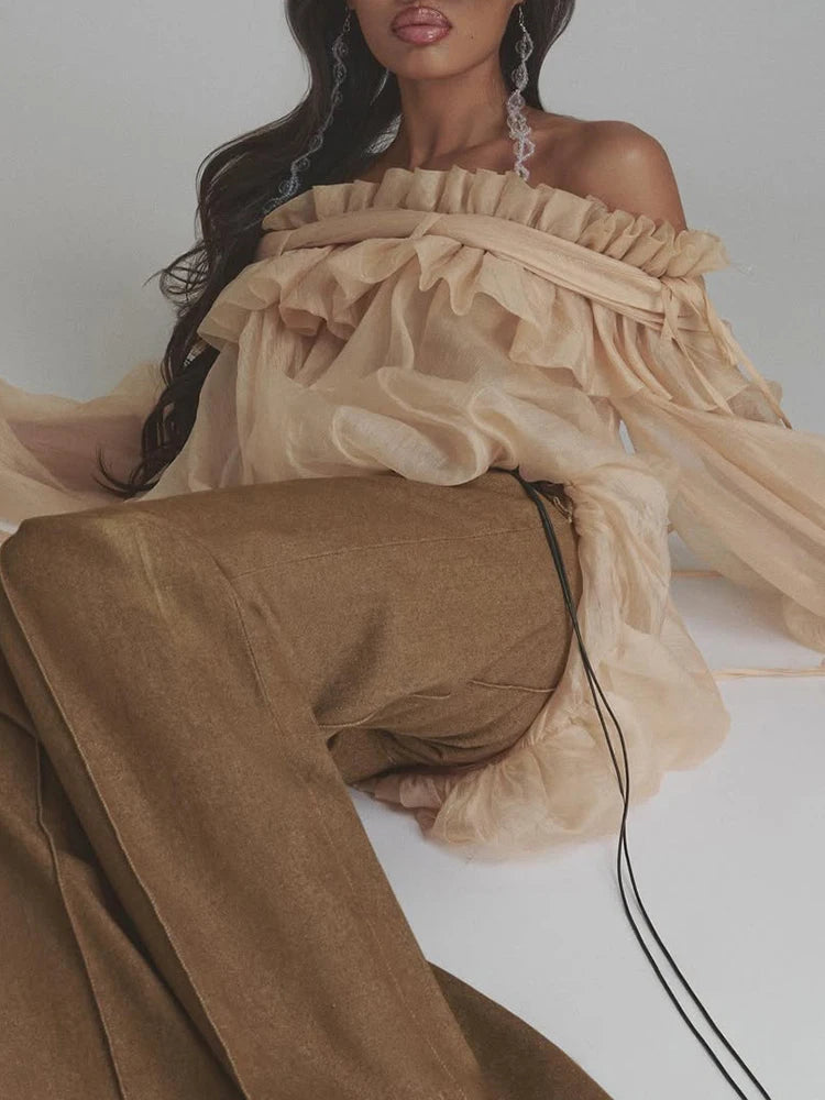 TWOTWINSTYLE Solid Patchwork Loose Casual Blouse For Women Slash Neck Long Sleeve Spliced Lace Up Shirts Female Fashion Style
