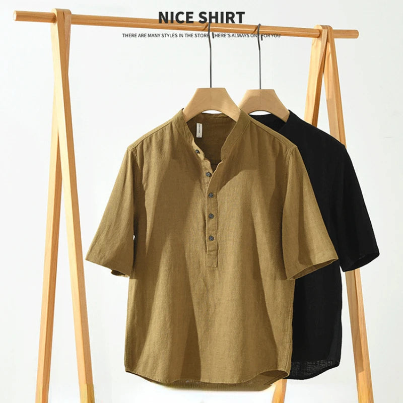 Summer New Linen Cotton Casual Pullover Shirt for Men Clothing Vintage Short Sleeve Streetwear C2559