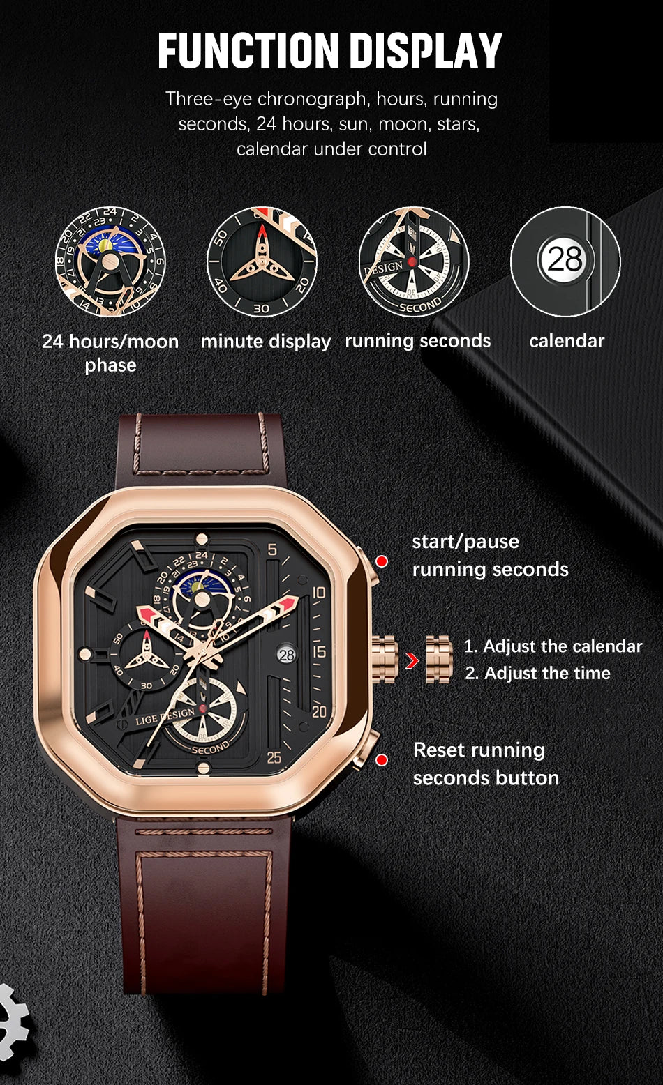 2025 LIGE Business Leather Watch For Men Top Brand Luxury Mens Watches Waterproof Quartz Wrsitwatch 24 Hours Moon Phase Clock