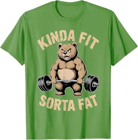 Kinda Fit Sorta Fat - Funny Gym Bear Weightlifting Workout T-Shirt Y2k Humor Raccoon Weightlifter Fitness Saying Tee Novelty Top