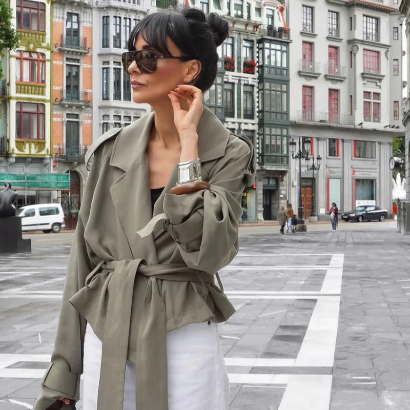 Lace Up Jacket For Women Casual Long Sleeve Turn Down Collar Autumn Outerwear