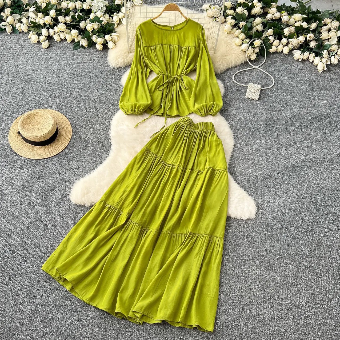 Skirt Set Women Dress Sets Two Piece Sets Round Neck Elegant Casual Loose Tops A Line Long Skirts Elastic Waist Y2k Streetwear