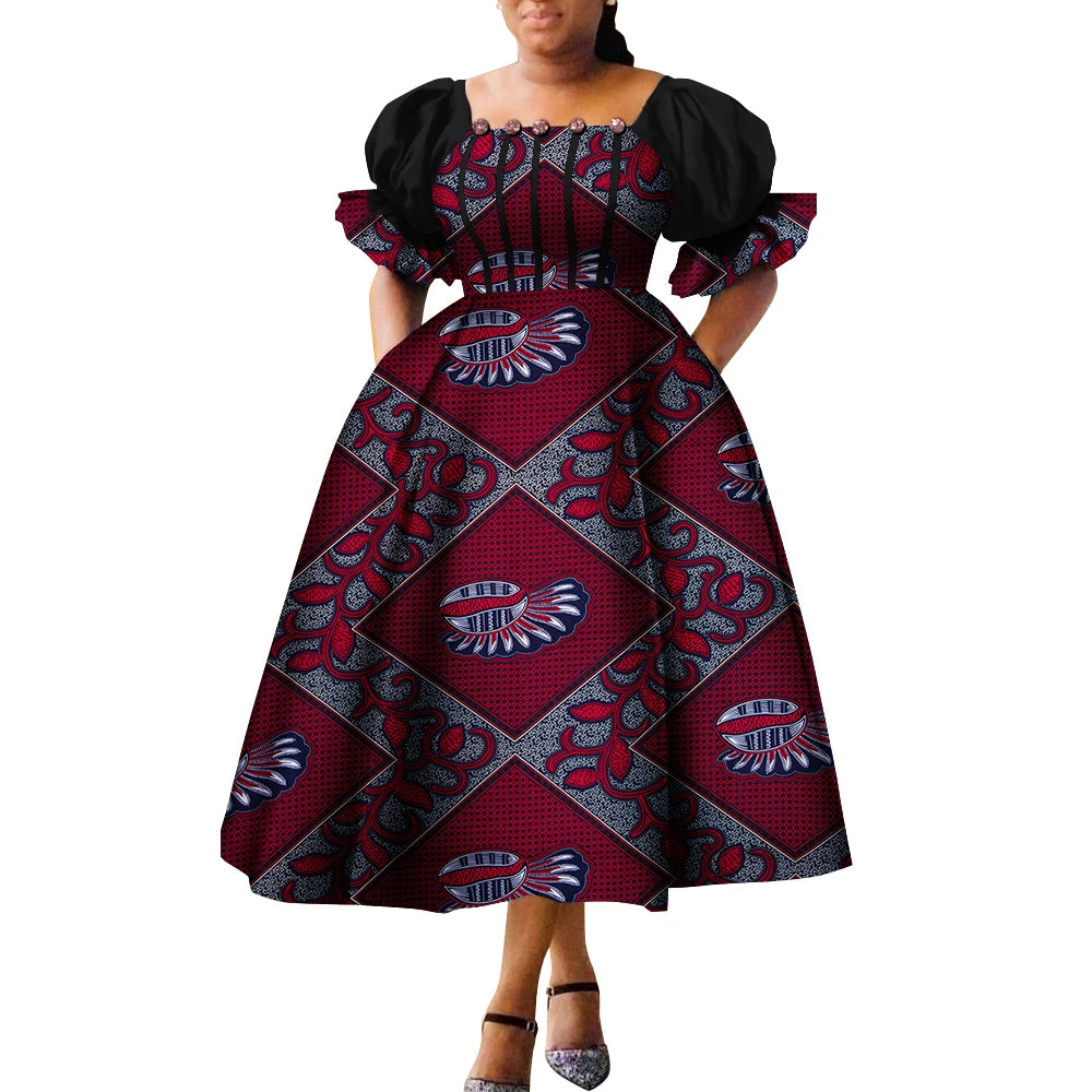 African Style Dresses for Women Puff Sleeve High Waist Gowns Ankara African Dress Princess Dress Robe Africaine Femme WY9970