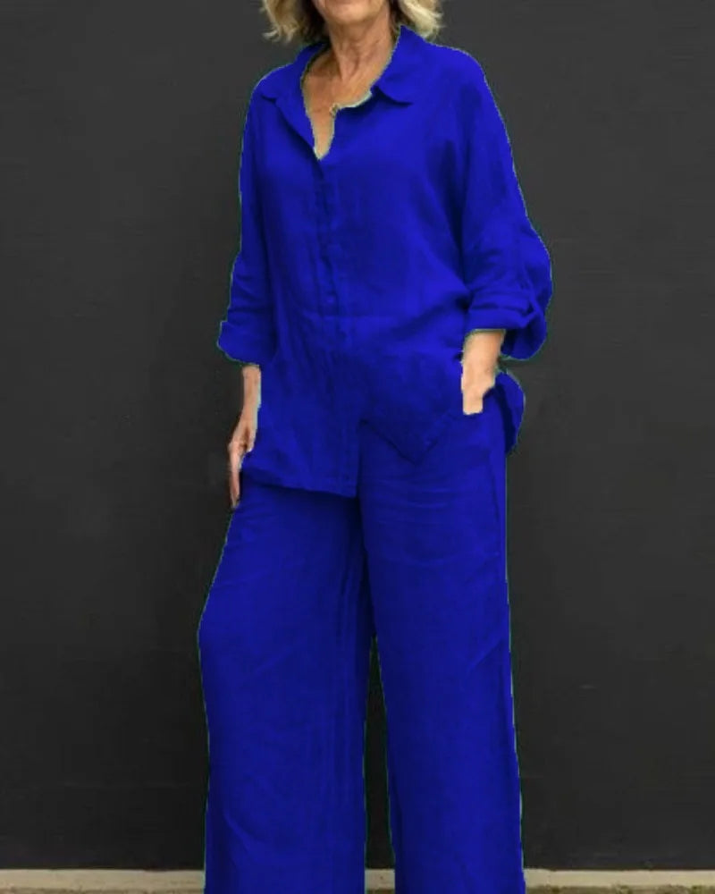 Spring Summer Women Lapel Long Sleeve Shirt High Waist Wide Leg Pants Set