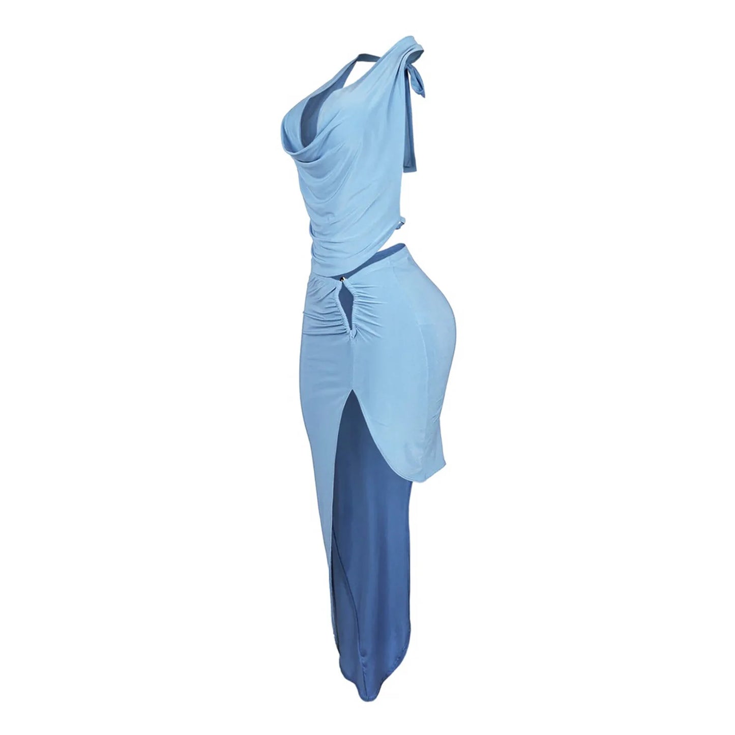 CM.YAYA Women's Set Halter Neck Backless Crop Top High Side Split Slim Maxi Skirts Suit 2025 Beach Sexy Two 2 Piece Sets Outfits