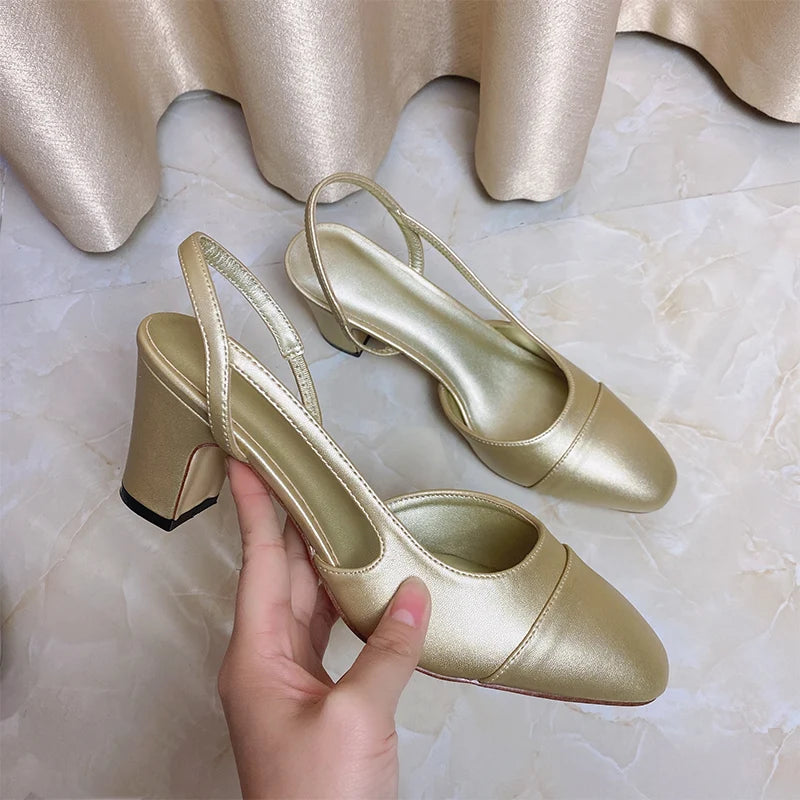2023Spring Autumn Fashion High Heels Sandals Women's Dress Square Toe Slingback Shoes Women's Color Block Back With Flat Sandals