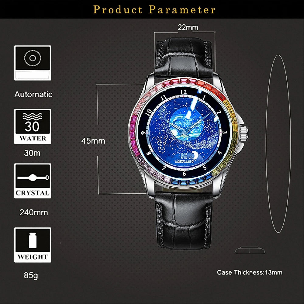 Fashion Starry Sky Luminous Mechanical Watch for Men Leather Steel Strap Luxury Brand Business Automatic Mens Watches AOKULASIC