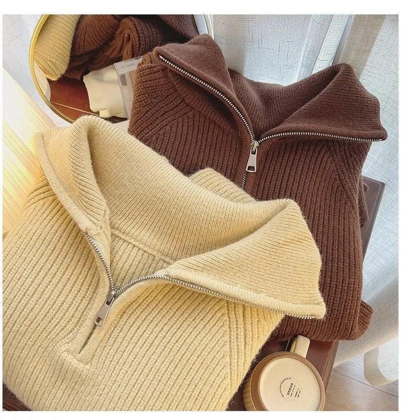 2024 Autumn New Korean Style Versatile Basics Half-zipper Loose Lapel Winter Long-sleeved Lazy Sweater Pullover Top