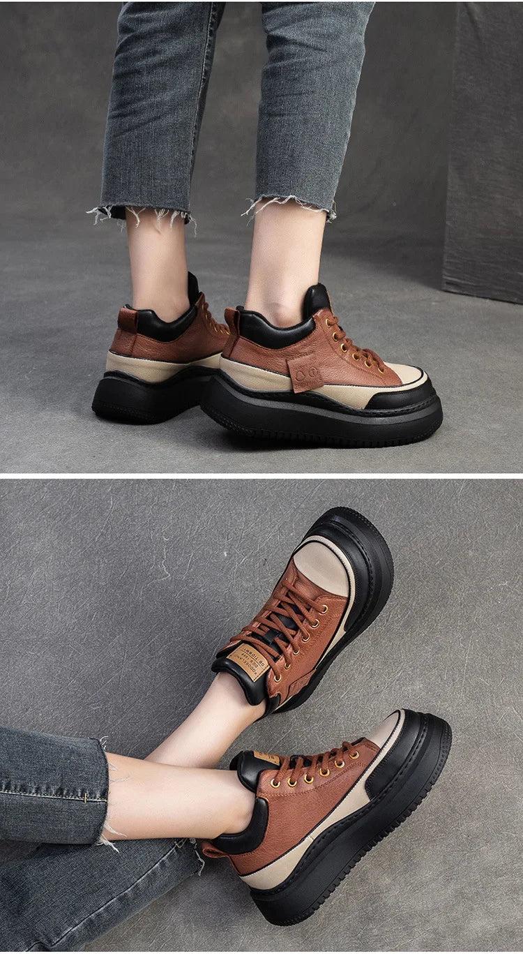 Myjyjz 4.5cm Cow Genuine Leather Women Spring Platform Wedge Flats Chunky Sneakers Lace Up Autumn Loafer Vulcanize Shoes Rubber