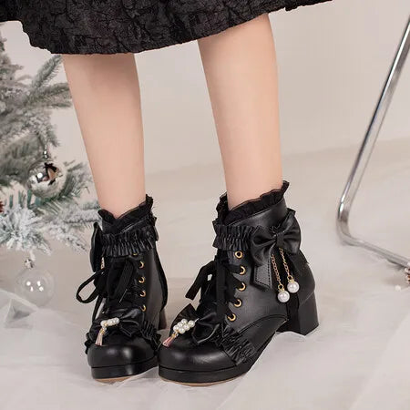 Lolita Great Quality Block High Heels Women Ankle Boots White Shoes Lace Decor Lace Up Chunky Heeled Bow Boots for Women Verclo