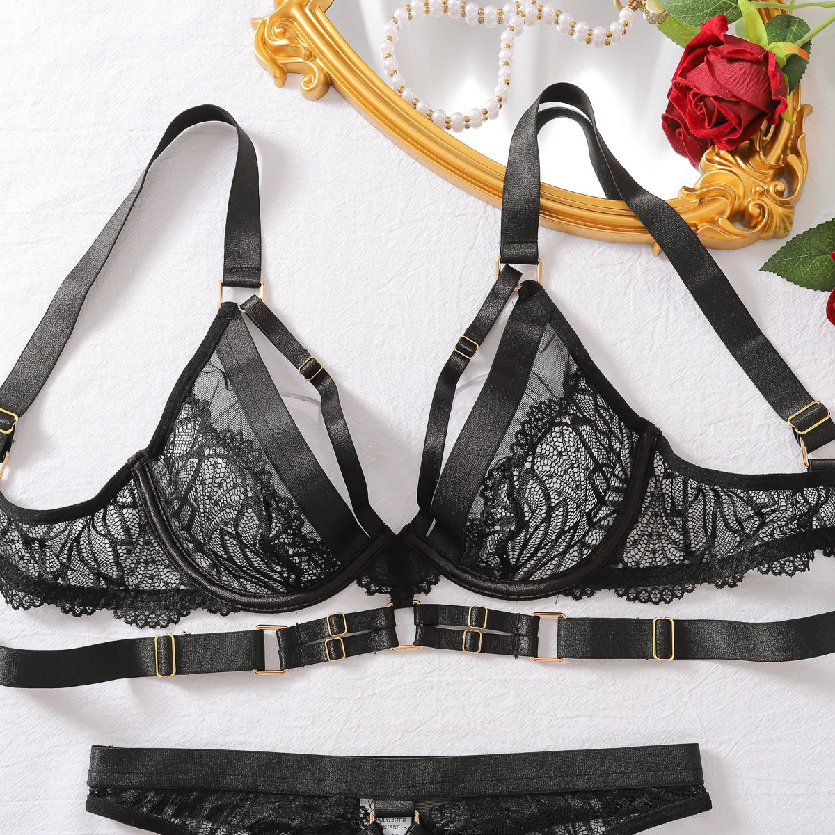 Sexy Lace Women's Three-point Set Elegant Lace Solid Color Ultra-thin Sexy Lingerie Bunny Girl Erotic Set 2-piece Set