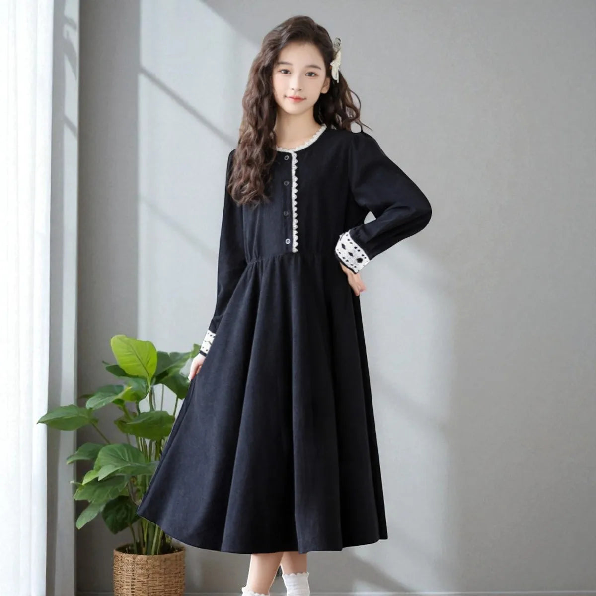 Back to School Uniform Kids Black Dresses for Girls Clothes Long Sleeve Casual Dresses Outfits Teenagers Children Baby Costumes