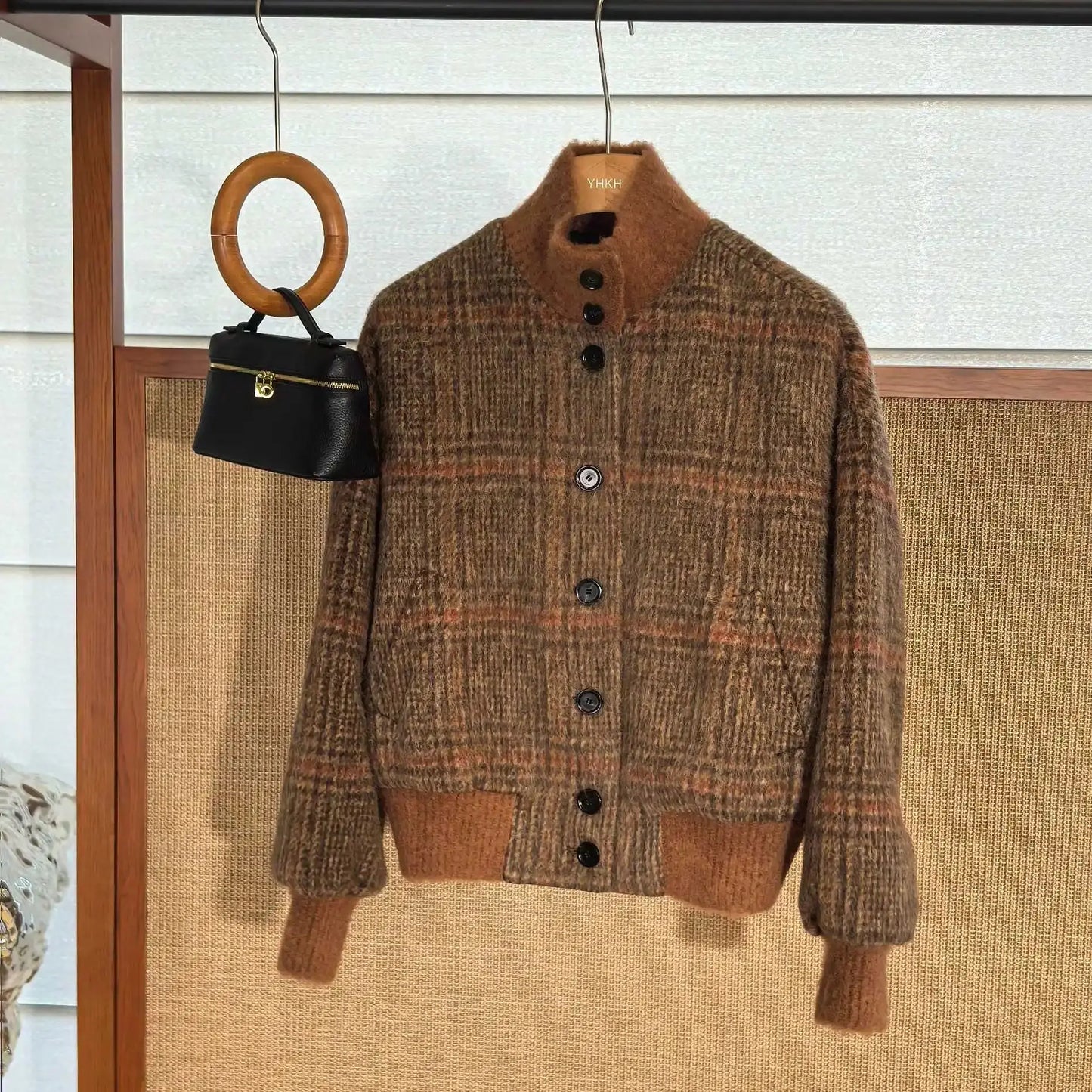 26 Spring New Arrival Women's Vintage Plaid Wool Blend Stand Collar Jacket