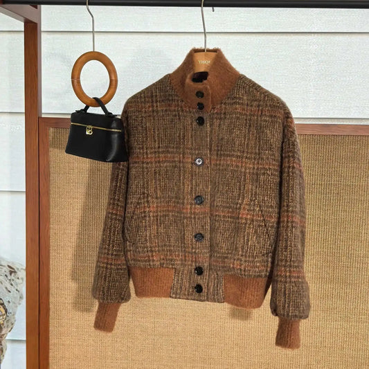26 Spring New Arrival Women's Vintage Plaid Wool Blend Stand Collar Jacket