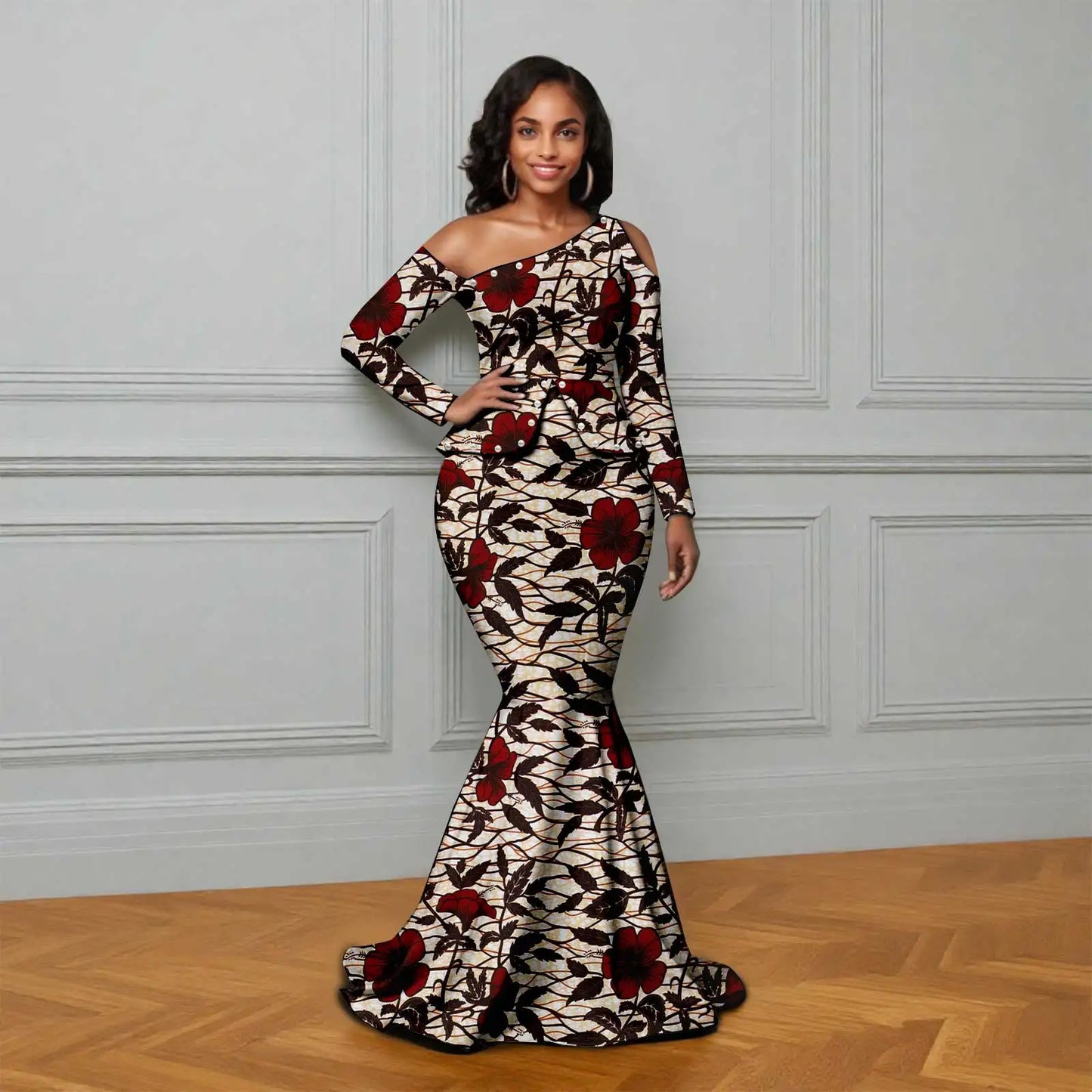 African Ankara Printed Fabric Women's Dress Skew Collar Long Sleeve Floor-Length Dress Elegant fashion 2625007