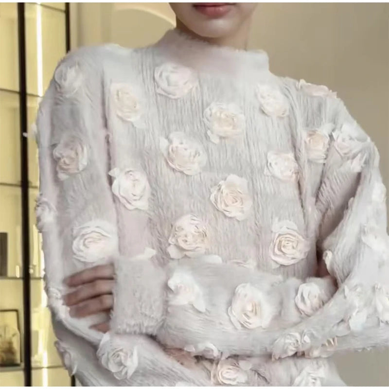 Knitting 3D Flower Tops Long Skirts Sets Women Elegant Lantern Sleeve Top Suit With Hip Package Skirt Lady 2025 Spring Outfits