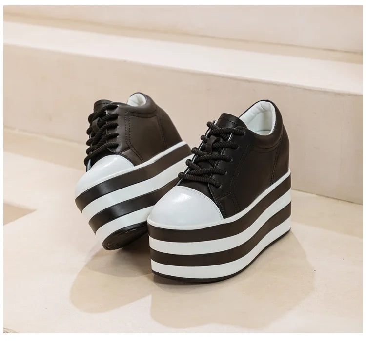 Fujin 12cm Genuine Leather Synthetic Women Autumn Spring Platform Wedge Women Fashion Sneakers Chunky Shoes Vulcanize Skateboard