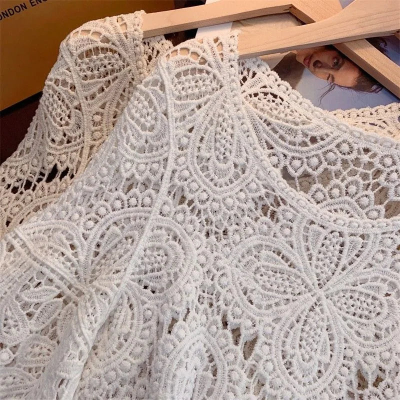 2024 Summr New Versatile Retro Sweet Lace Cut-out Crochet Shawl Cropped Top Summer Three Quarter-sleeve Hollow Out Top