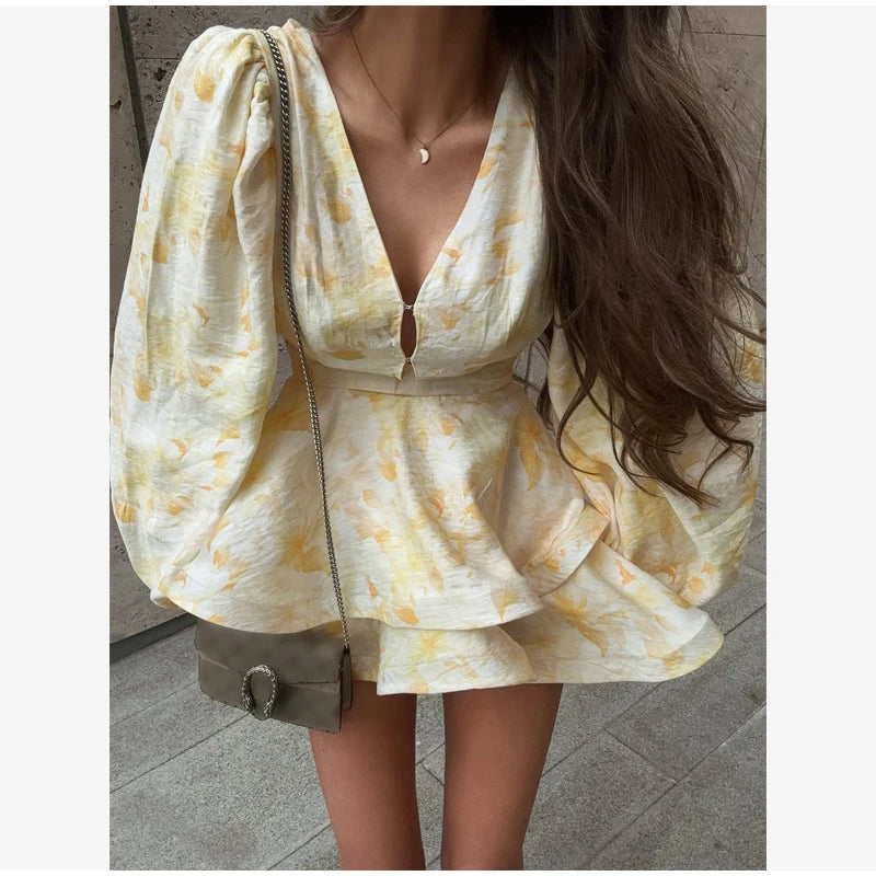 Elegant Floral Printed Waist-cinched Mini Dress Women Pleated Deep V-neck Long Sleeve Button-front Dresses Fashion Party Robe