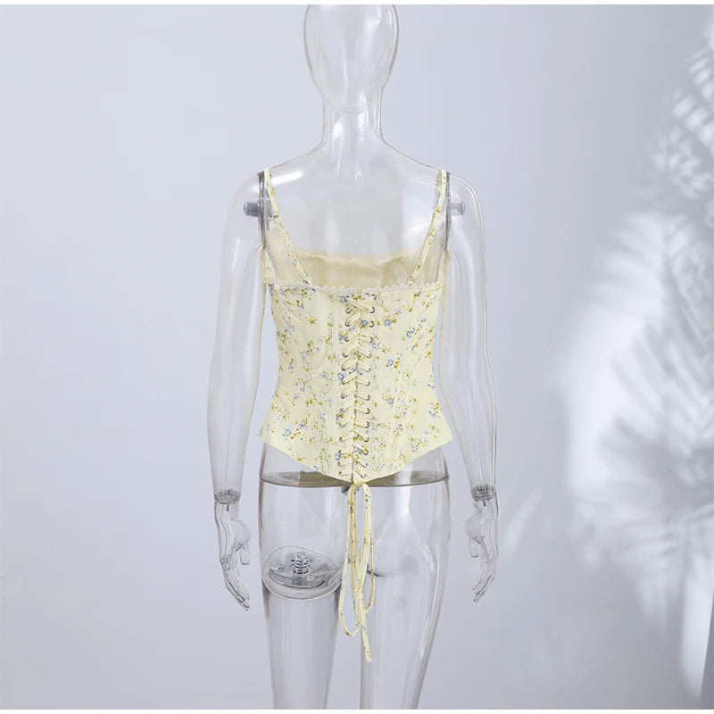 Floral Printed Fish-bone Tank Tops Women's Slim Sleeveless Back Lace-up Waist-cinching Blouses 2026 New Ladies Summer Outfit