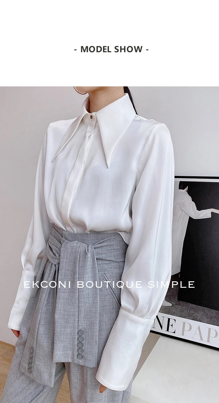 Stylish Elegant Turn Down Collar White Long Sleeve Satin Shirts Fashion Woman Vintage Blouse 2024 Office Lady Tops Blusas 16946