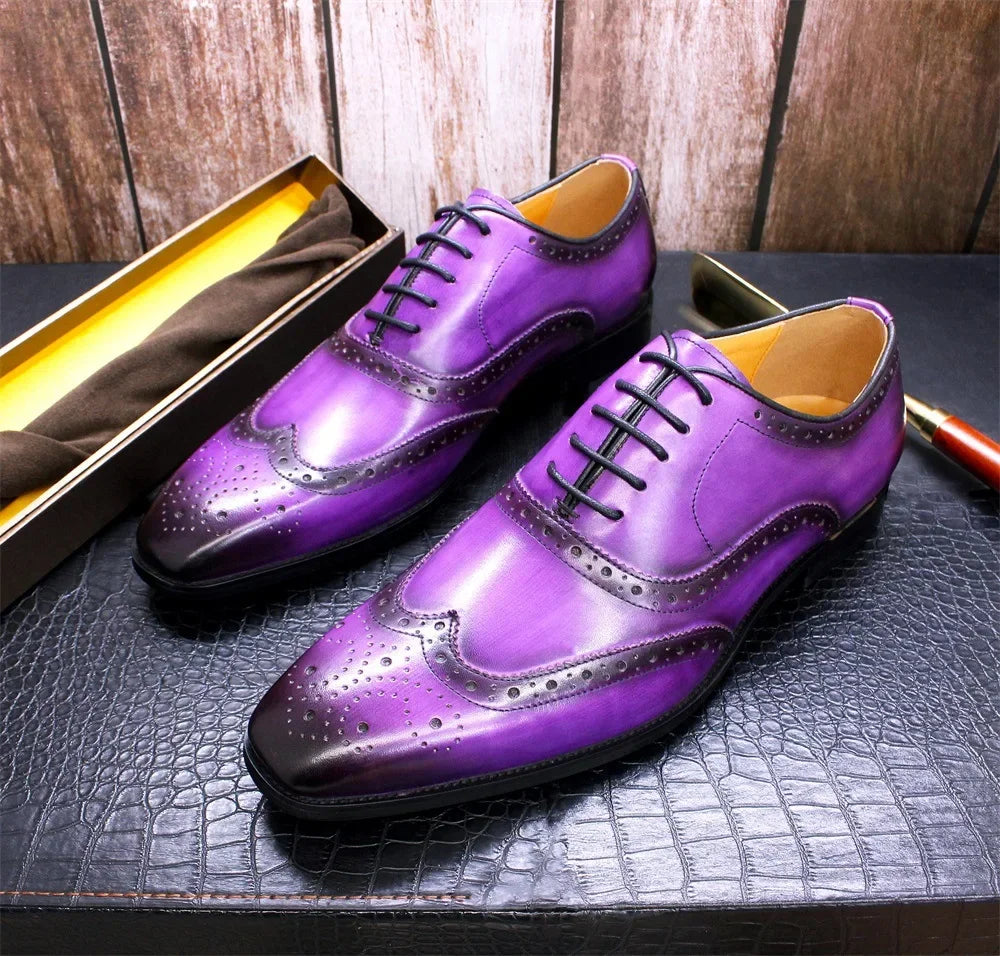 Noble Purple Handmade Mens Brogue Carved Leather Shoes Genuine Leather Men's Dress Shoes Classic Business Formal Shoes for Men