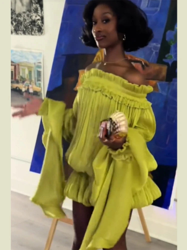 Women's Y2k Off Shoulder Pleated Mini Dress Elegant Lime Green Flare Long Sleeve Ruffle Hem Bubble Vestidos Date Party Dresses
