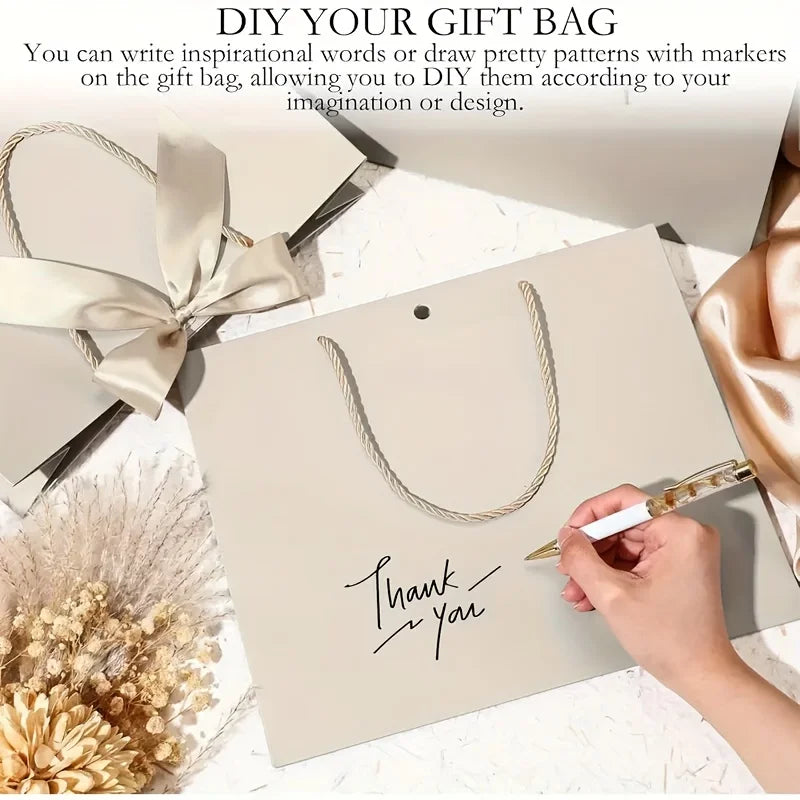 10pcs (5 Bags + 5 Ribbons) Elegant Beige Thank You Gift Bags, Paper Gift Bags, Shopping Bags with Golden Bows - Foldable