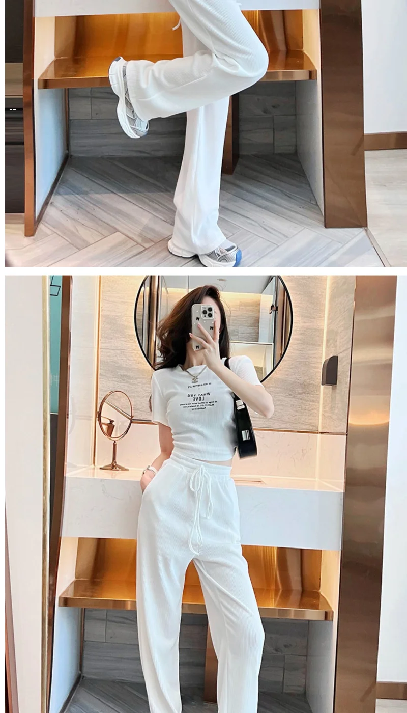 Summer casual sports style spicy girl sexy short sleeved top+fashionable wide leg pants two-piece set