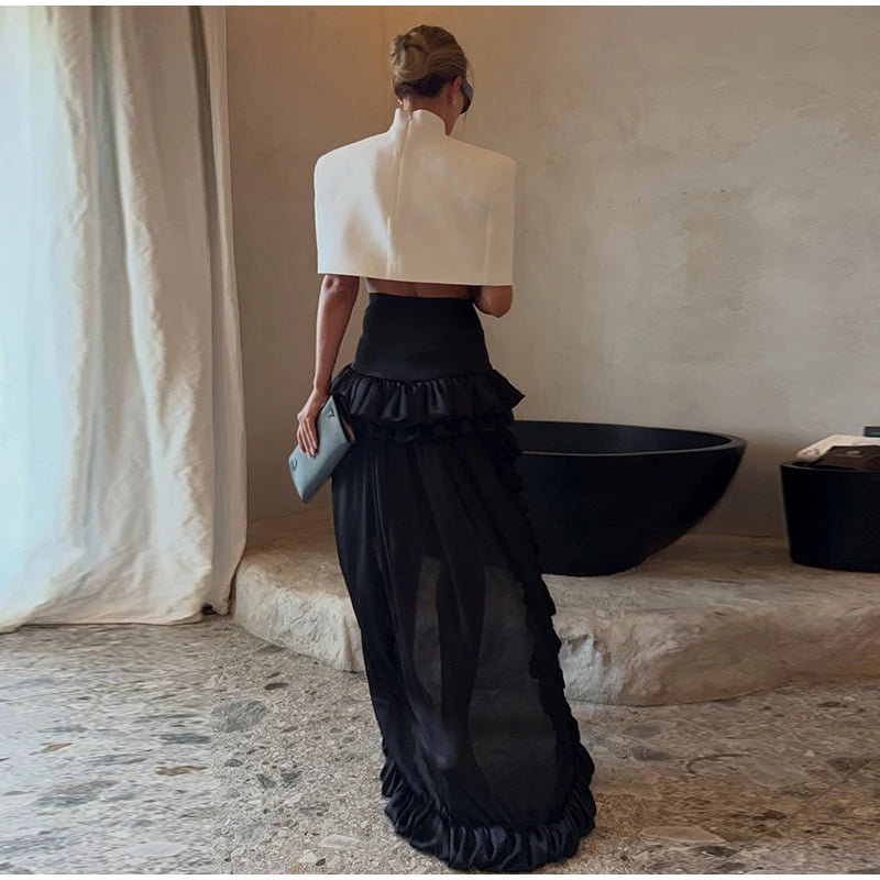 Elegant Stand Collar Women's Cape Skirts Suit Pocket Crop Tops Pleated Mini Skirt Lady Set 2026 Summer Autumn Female Outfits