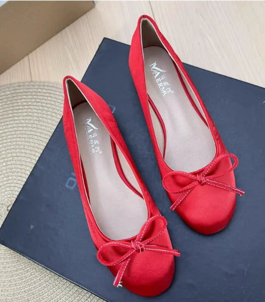Women Plus Sizes 48 47 33 Dough Shoes With Knot Wide Fitting Round Toe Silk Stain Slip-On Pinkish Gold Blue Footwear Hand-Made