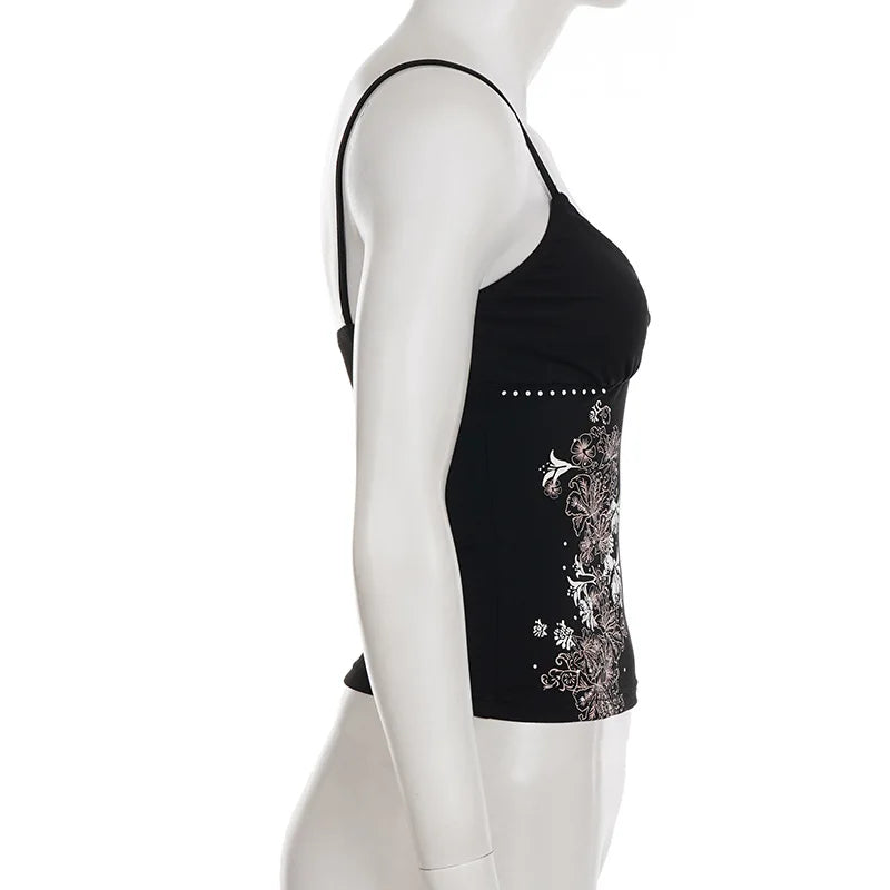 European and American style elegant slim fit fashion trend retro printed chest strap sleeveless vest fashion Y2K sexy punk emo
