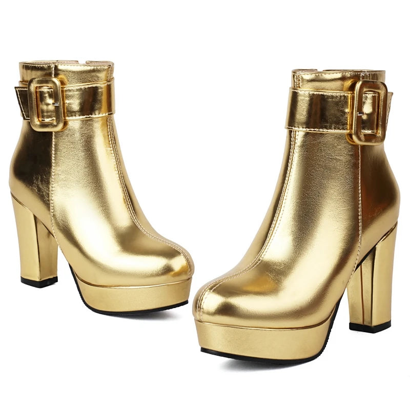 Luxury Women's Ankle Boots High Heels Platform Short Boot Zipper Gold Silver Pink Red Party Dance Shoes Female Large Size 45 48