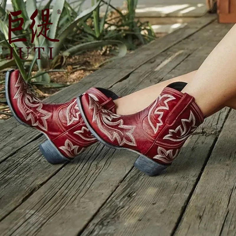Casual Autumn Winter Western Cowboy Ankle Boots Women Snake Leather Cowgirl Booties Short Cossacks botas High Heels Shoes